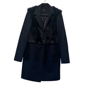 Topshop Navy Wool Coat Faux Fur Overlay Peacoat Jacket Size US 8 EUR 40